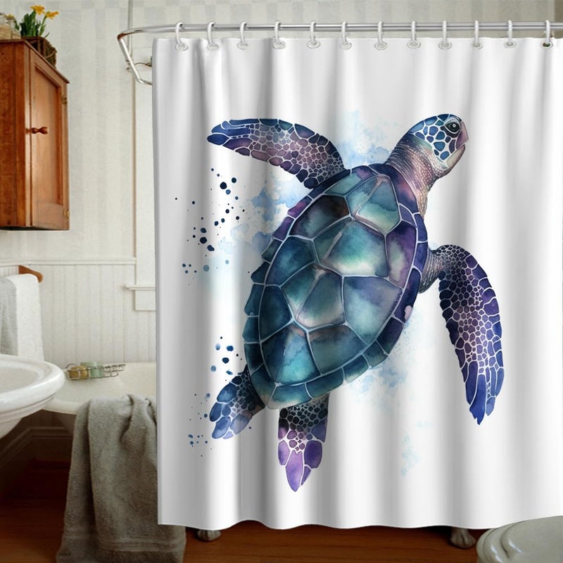 Final Friday Funny Sea Turtle Shower Curtains Ocean Animal Cartoon Kids Theme Cloth Fabric Bathroom Decor Sets with Hooks Waterproof Washable 72W x 72H inches Teal Purple - Image 2