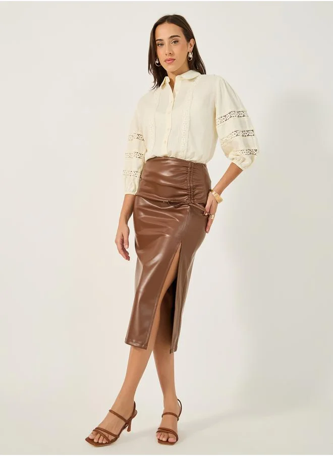 ستايلي Lace Insert Cuffed Sleeves Buttoned Top