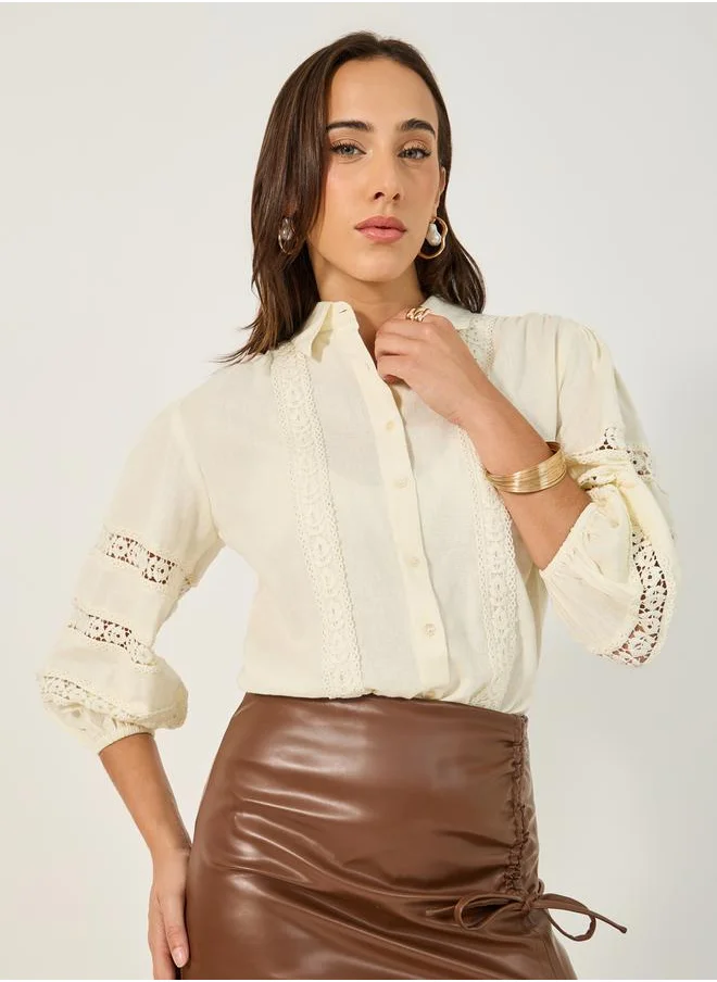 ستايلي Lace Insert Cuffed Sleeves Buttoned Top