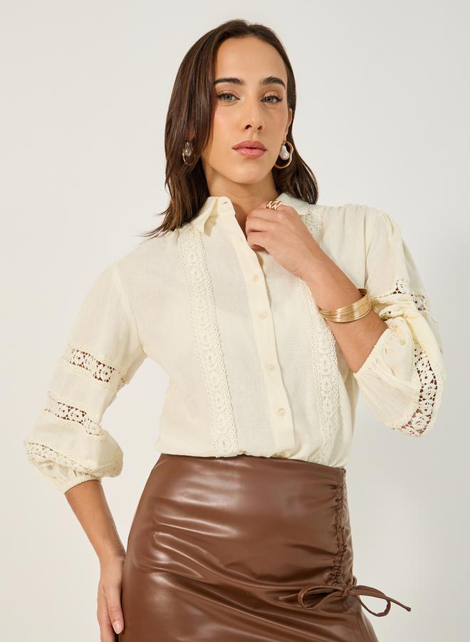 Styli Lace Insert Cuffed Sleeves Buttoned Top - Image 3