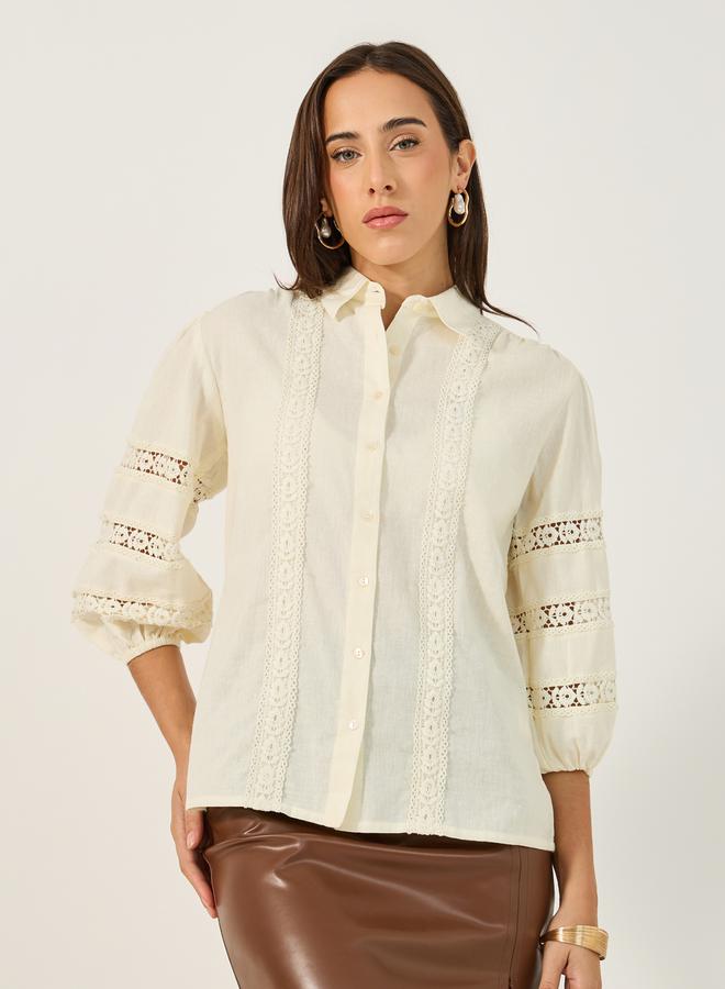 Styli Lace Insert Cuffed Sleeves Buttoned Top - Image 1