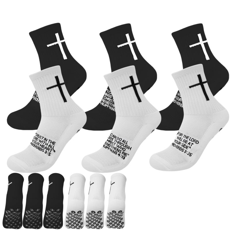 Meudid 6 Pairs Youth Grip Soccer Socks with Cross - Anti-Slip Grips Kids Socks with Bible - Image 1