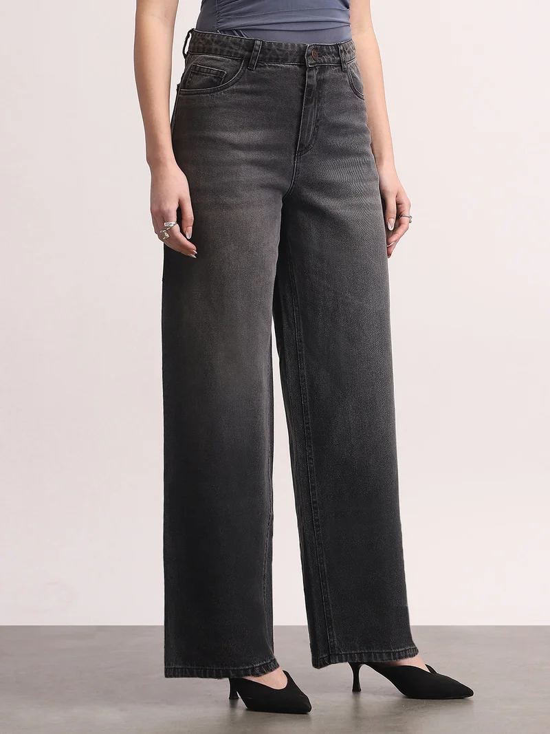 Urbano Fashion  Urbano Fashion Women's Grey High Rise Loose Baggy Fit Washed Jeans Non-Stretchable  | Best Price UAE