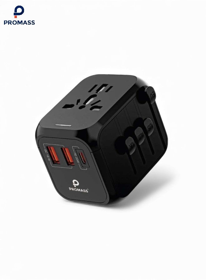 PROMASS Universal travel charger, power adapter and international fast charger 38W with 20W PD port and two 18W USB ports, wall charger and AC plug adapter with 3 USB and 1 USB-C ports, suitable for the USA, Europe, UK and Australia - Image 1