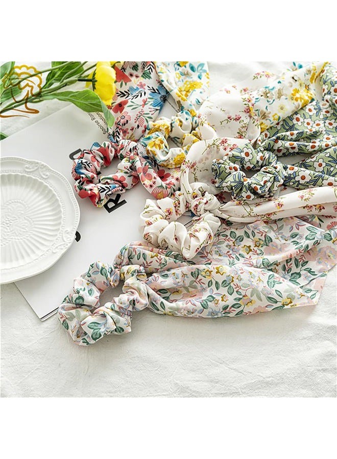 DINPREY Chiffon Floral Scrunchies with Bowknot Hair Ties - 6 Pcs Bows, Elastic Ropes, Long Tails, and Hand Bands - Image 4