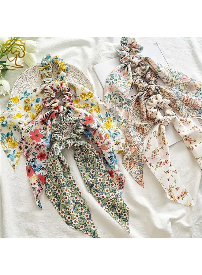 DINPREY Chiffon Floral Scrunchies with Bowknot Hair Ties - 6 Pcs Bows, Elastic Ropes, Long Tails, and Hand Bands - Image 2