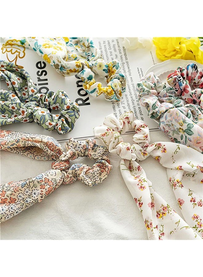 DINPREY Chiffon Floral Scrunchies with Bowknot Hair Ties - 6 Pcs Bows, Elastic Ropes, Long Tails, and Hand Bands - Image 3