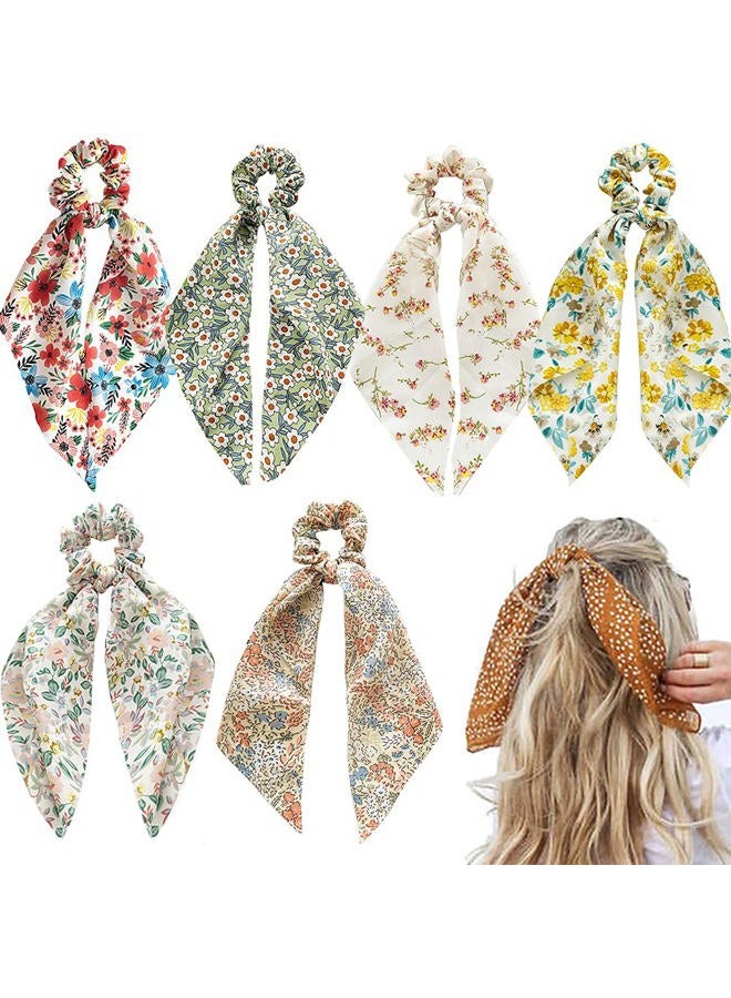 DINPREY Chiffon Floral Scrunchies with Bowknot Hair Ties - 6 Pcs Bows, Elastic Ropes, Long Tails, and Hand Bands - Image 1