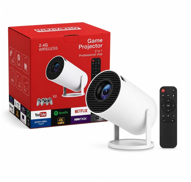 بروجكتور ألعاب ذكي 2 في 1 بدعم 4K، نظام أندرويد، Wi-Fi 6، بلوتوث 6.0، سطوع 450 ANSI، دوران 180 درجة، تصحيح تلقائي للصورة مع ريموت وذراعي تحكم - Image 1