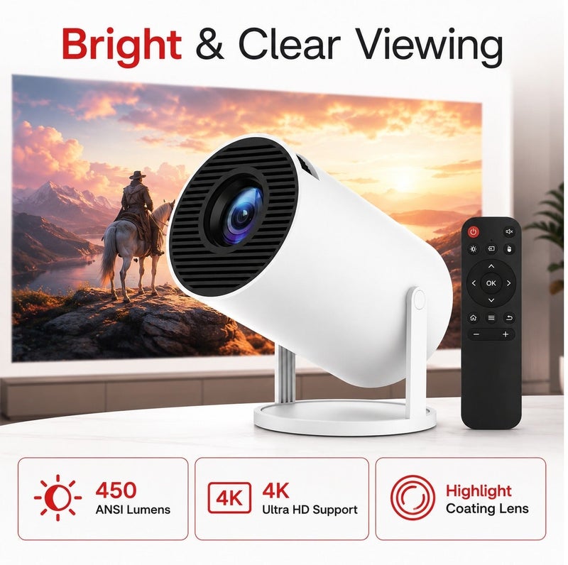 بروجكتور ألعاب ذكي 2 في 1 بدعم 4K، نظام أندرويد، Wi-Fi 6، بلوتوث 6.0، سطوع 450 ANSI، دوران 180 درجة، تصحيح تلقائي للصورة مع ريموت وذراعي تحكم - Image 4