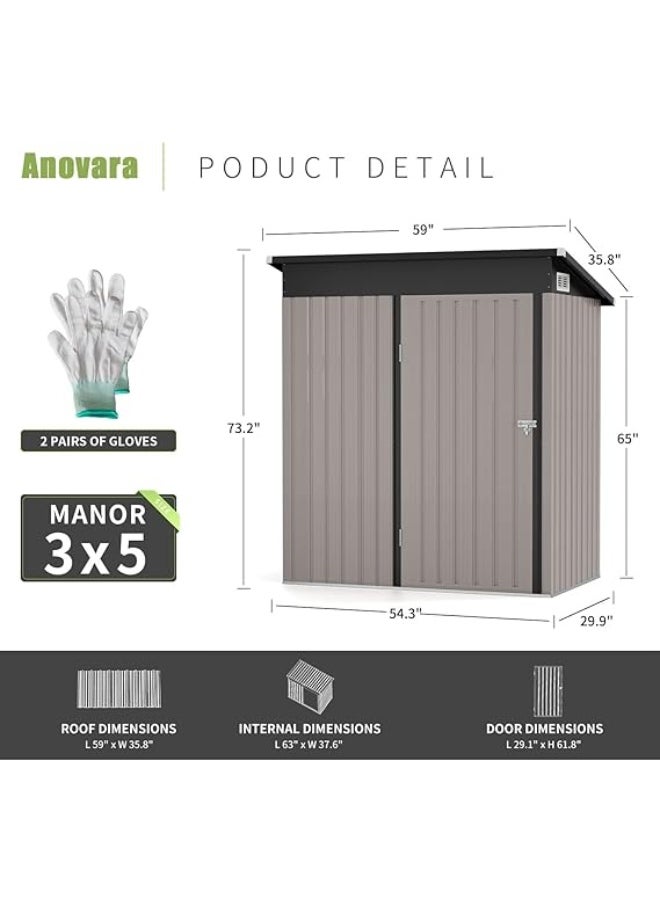 Anovara Outdoor Storage Shed Garden Metal Shed 155(L) X 92(W) X 180(H) cm 2300L Shed with Lockable Door for Storage Garden Tools, Bicycles, Patio Cushions (5x3 FT)