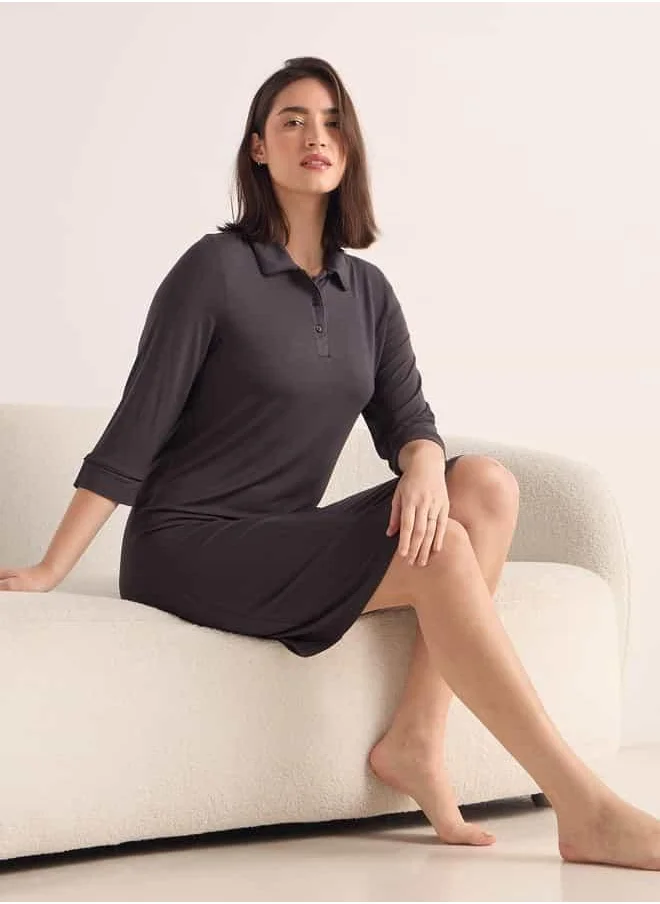 فاف Solid Night Dress with Polo Collar and 3/4 Sleeves