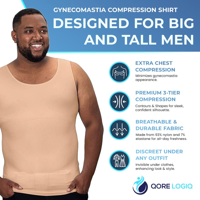 QORE LOGIQ Gynecomastia Compression Shirts for Men - Sleeveless Slimming Undershirts Tummy Control and Body Shaper Tank Top Beige 2XL - Image 3