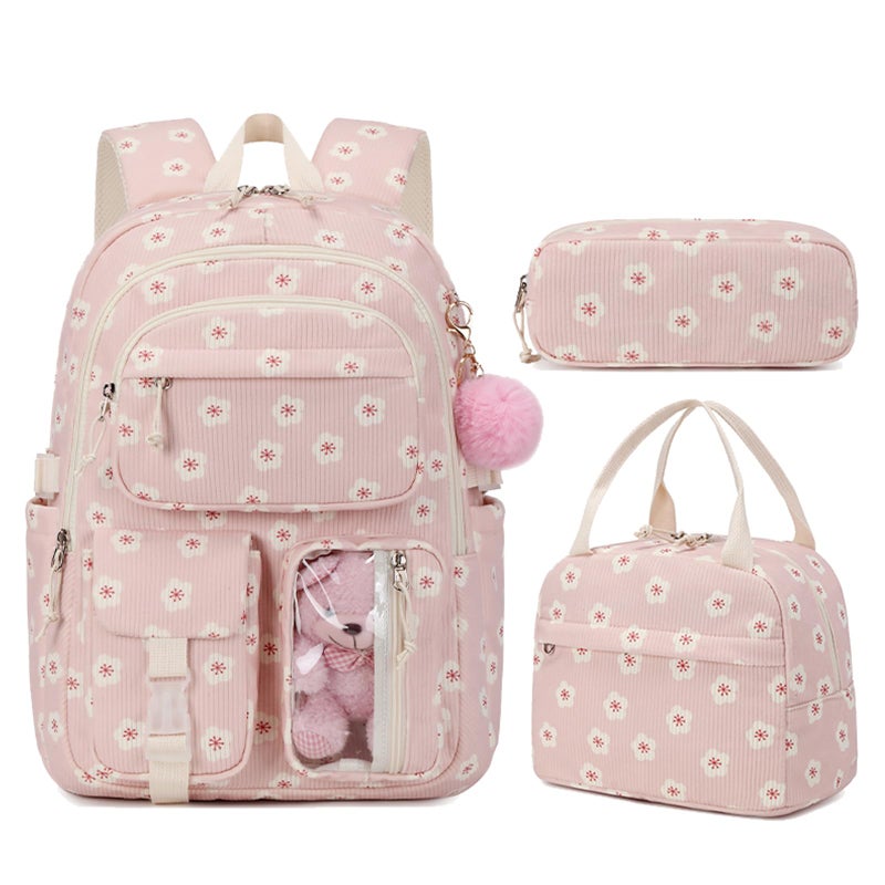 AUIVTY Corduroy Flower Backpack for Girls Teens School Bookbag with Lunch Box Pencil Case Laptop Sleeve Elementary Middle School Bag SakuraPink - Image 2
