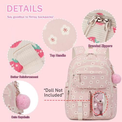 AUIVTY Corduroy Flower Backpack for Girls Teens School Bookbag with Lunch Box Pencil Case Laptop Sleeve Elementary Middle School Bag SakuraPink - Image 3