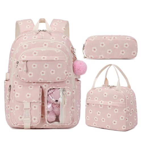AUIVTY Corduroy Flower Backpack for Girls Teens School Bookbag with Lunch Box Pencil Case Laptop Sleeve Elementary Middle School Bag SakuraPink - Image 1
