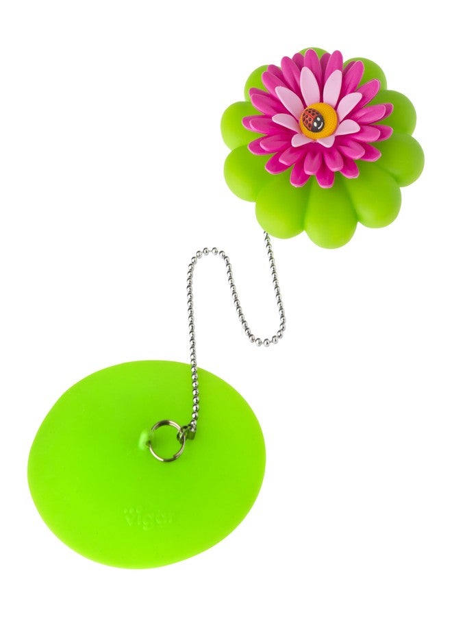 Vigar Flower Power Bathtub Drain Stopper, Tub Stopper with Chain and Daisy-shaped Floaty, 4-1/10 Inches, Perfect Bathroom Accessories, Pink, Green - Image 1