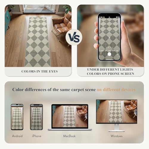 Beeiva Checkered Print Kitchen Runner Rugs Non Skid Washable 2.5x8, Ultra Thin Low Pile Green Runners for Hallways 8ft, Geometric Farmhouse Floor Carpet for Bedroom Entryway, Modern Plaid Home Decor - Image 4