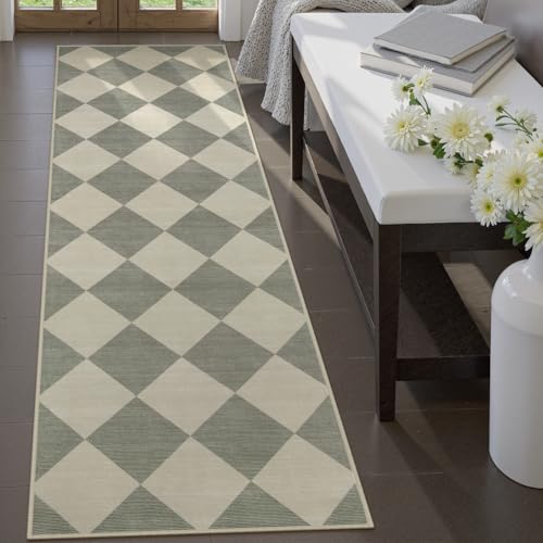 Beeiva Checkered Print Kitchen Runner Rugs Non Skid Washable 2.5x8, Ultra Thin Low Pile Green Runners for Hallways 8ft, Geometric Farmhouse Floor Carpet for Bedroom Entryway, Modern Plaid Home Decor - Image 3