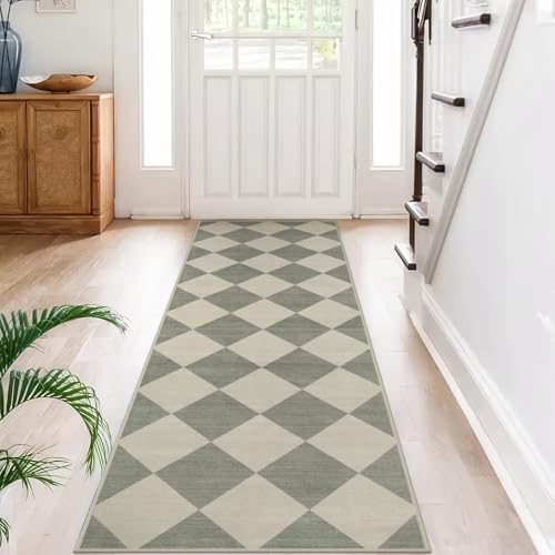 Beeiva Checkered Print Kitchen Runner Rugs Non Skid Washable 2.5x8, Ultra Thin Low Pile Green Runners for Hallways 8ft, Geometric Farmhouse Floor Carpet for Bedroom Entryway, Modern Plaid Home Decor - Image 1