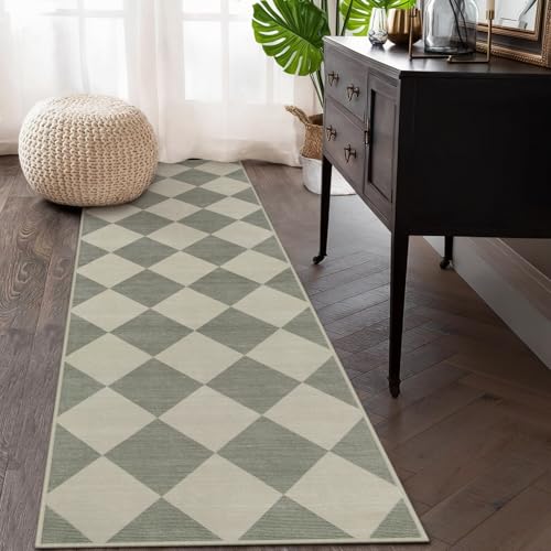 Beeiva Checkered Print Kitchen Runner Rugs Non Skid Washable 2.5x8, Ultra Thin Low Pile Green Runners for Hallways 8ft, Geometric Farmhouse Floor Carpet for Bedroom Entryway, Modern Plaid Home Decor - Image 2
