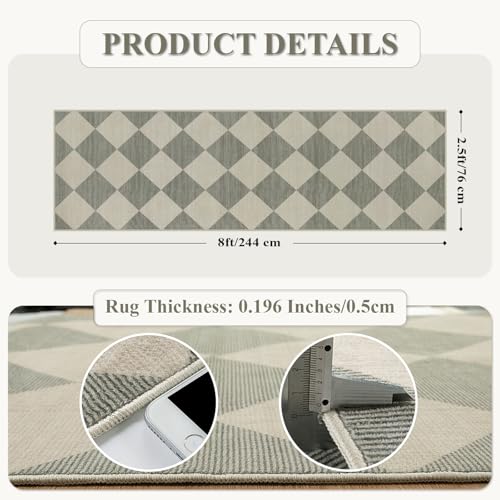 Beeiva Checkered Print Kitchen Runner Rugs Non Skid Washable 2.5x8, Ultra Thin Low Pile Green Runners for Hallways 8ft, Geometric Farmhouse Floor Carpet for Bedroom Entryway, Modern Plaid Home Decor - Image 5