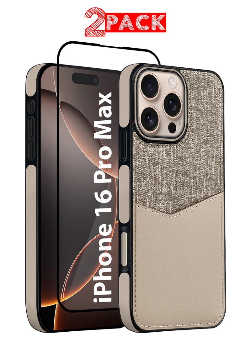 CATANES 2Packs iPhone 16 Pro Max Card Case Leather Back Cover with Card Holder, Slim and Lightweight, 1-2 Cards with 3D Screen Protector - Cream  - Image 1