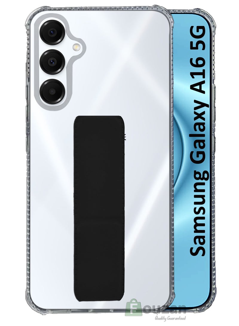 For Samsung Galaxy A16 5G - Transparent Shock Proof Silicone- Magnetic Case With Hand Grip Holder & Kickstand -Clear/Black - Image 1
