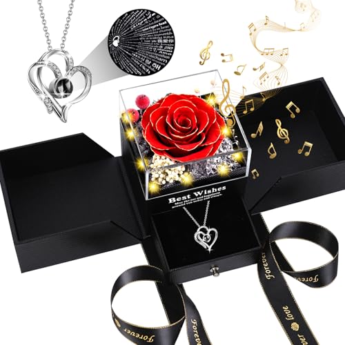 Pasuvsigt Mothers Day Mom Birthday Gifts for Women, Preserved Real Rose with I Love You Heart 100-Language Necklace, LED Lights & Music Box, Anniversary for Women Girlfriend Mom - Image 1