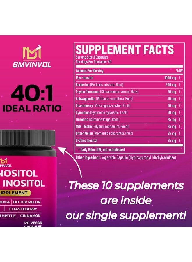 BMVINVOL BMVINVOL Inositol Supplement - Myo-Inositol and D-Chiro Inositol Ideal 40:1 Ratio - Plus Berberine, Cinnamon, Ashwagandha + 5 More - 120 Capsules - Image 2