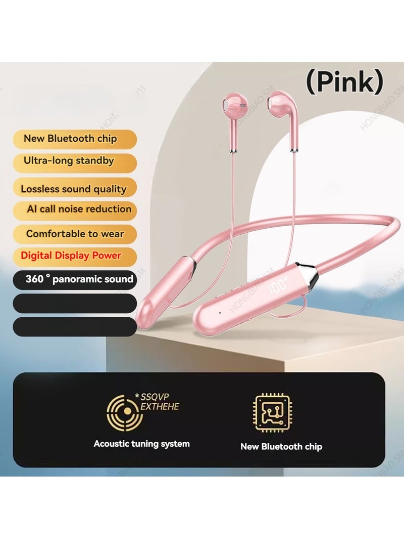 New digital display Bluetooth headset wireless neck-mounted ultra-long endurance sports headset pink  - Image 1