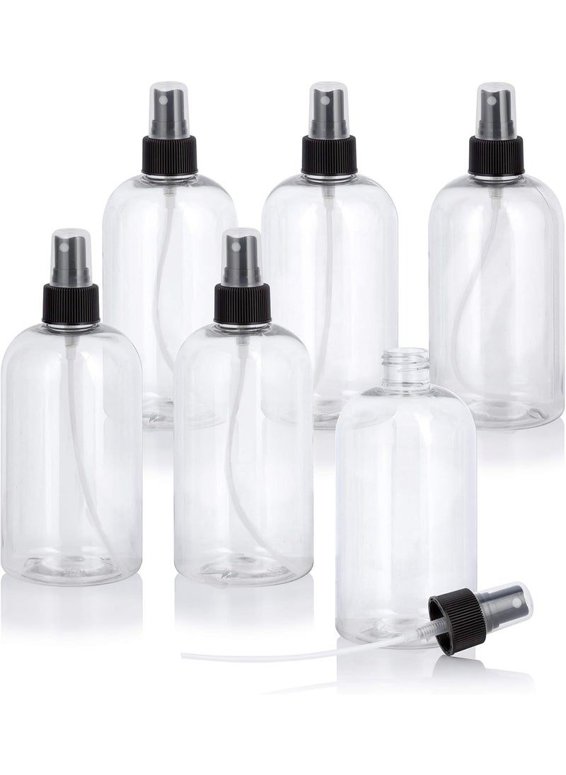 JUVITUS - JUVITUS 12 oz Clear Plastic PET Squat Boston Round Bottle (BPA Free) Black Fine Mist Sprayer (6 pack) - Image 1