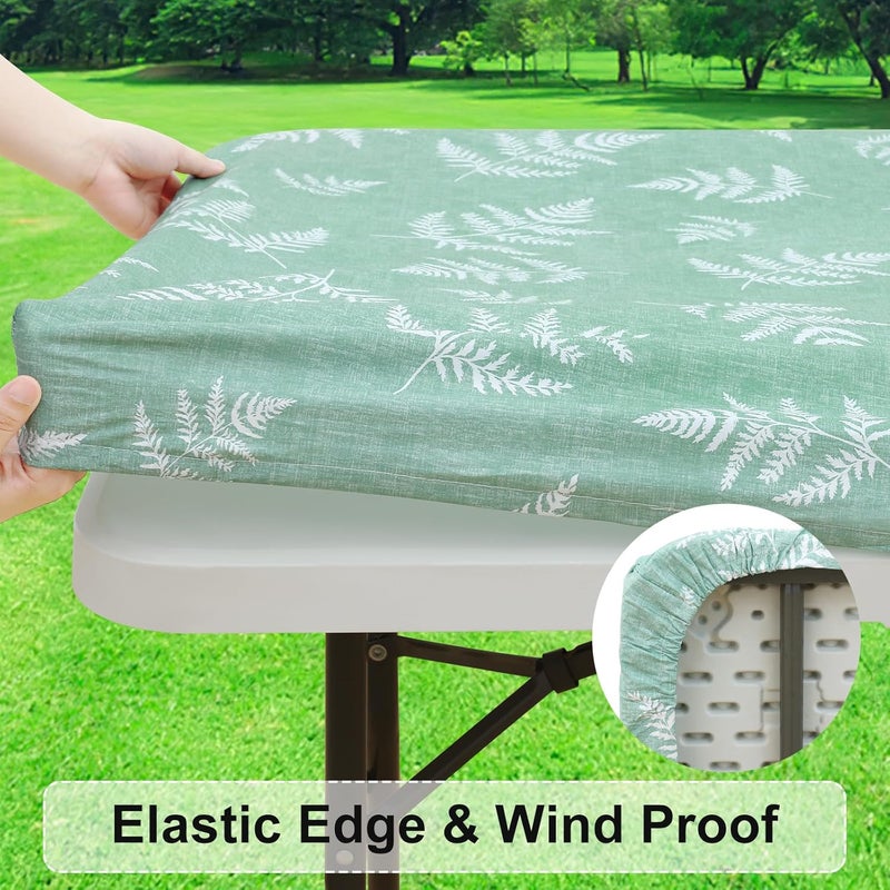 misaya Rectangle Vinyl Tablecloth, Fitted Table Cover, 100% Waterproof, Elastic Edge, Plastic Table Cloth Fit 6 Foot Folding Tables for Picnic, Camping, Outdoor (Light Green Leaves, 30x72 inch) - Image 2