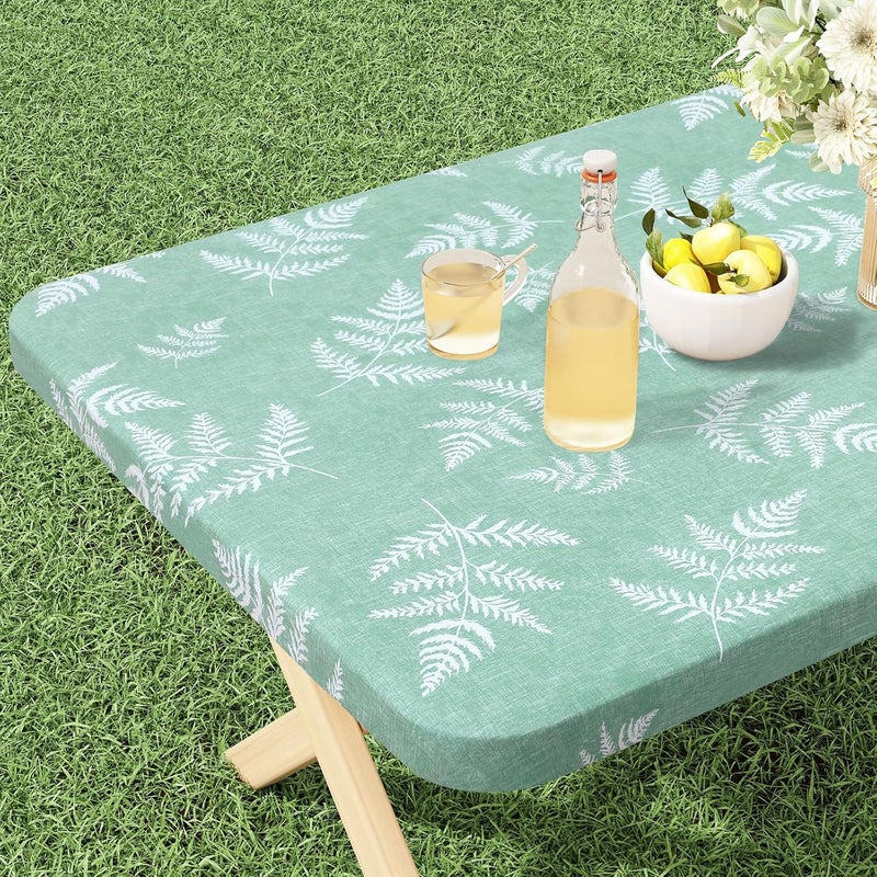 misaya Rectangle Vinyl Tablecloth, Fitted Table Cover, 100% Waterproof, Elastic Edge, Plastic Table Cloth Fit 6 Foot Folding Tables for Picnic, Camping, Outdoor (Light Green Leaves, 30x72 inch) - Image 1
