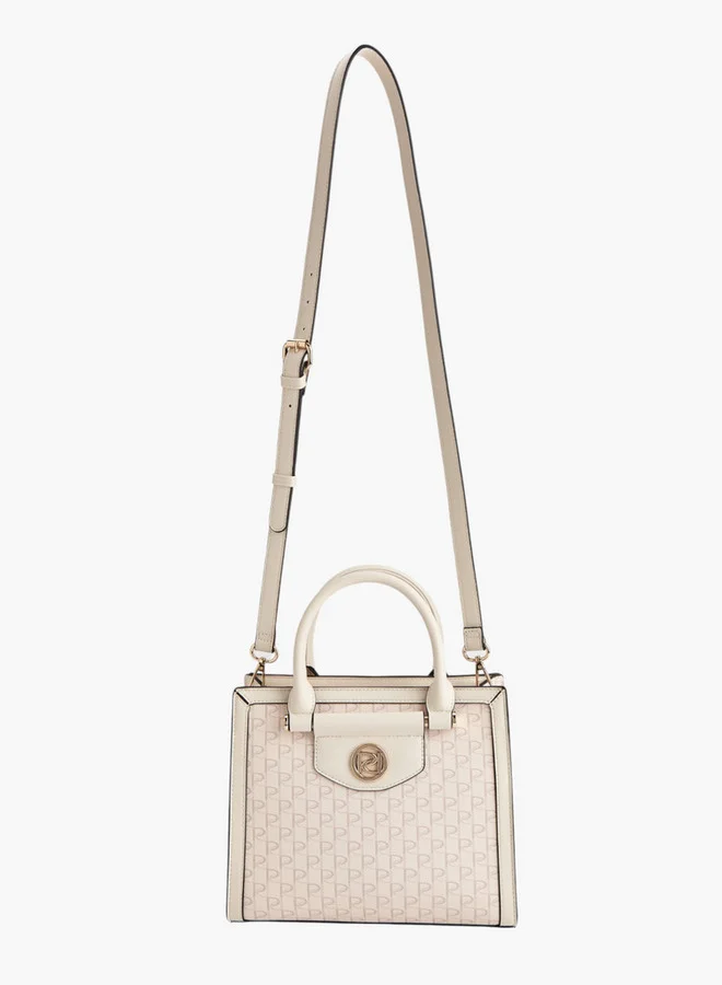 Paprika Monogram Print Tote Bag with Double Handle and Zip Closure