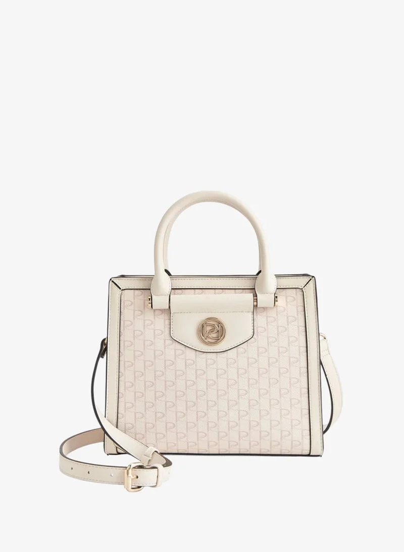 Monogram Print Tote Bag with Double Handle and Zip Closure