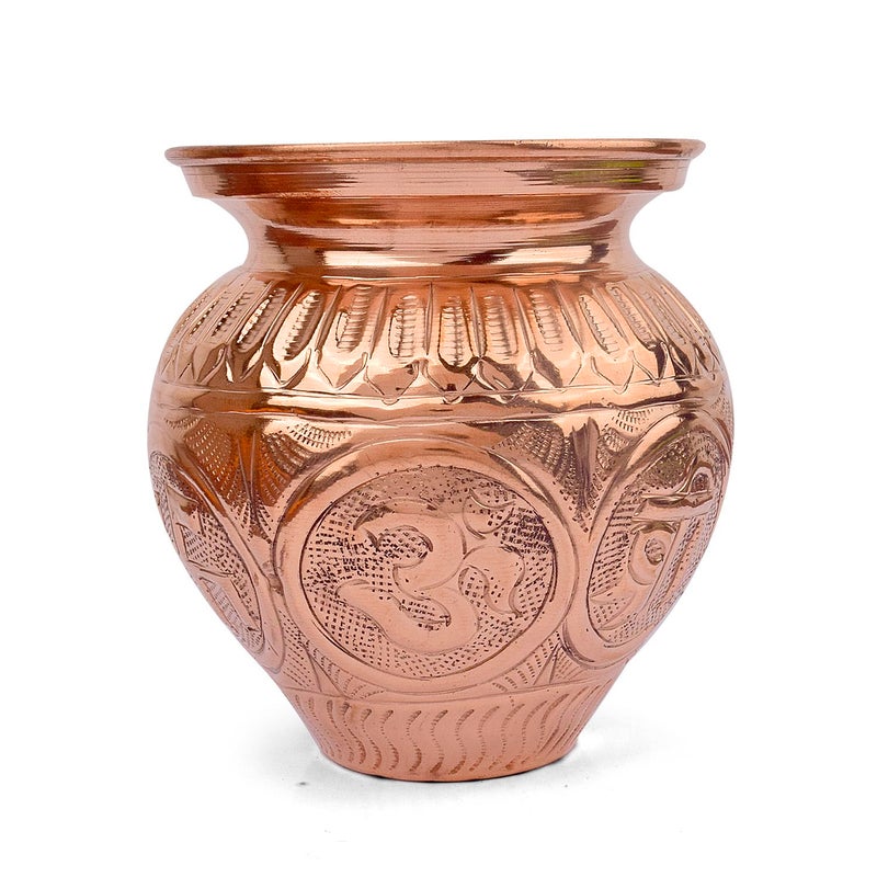 SATVIK 1 Pc Copper Engraved Puja Lota Prayer Vassel Emboss Kalash Swastik Om Design Purpose Hand Engraved Pooja Accessories Ayurvedic Heavy Lota for Home and Temple