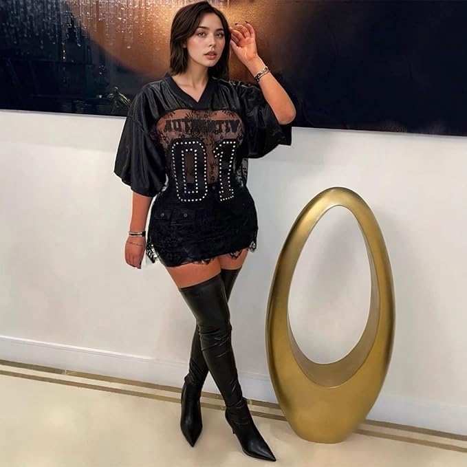IMXPW Lace Jersey Shirts for Women Number Print Cute Summer Tops Casual Sheer Short Sleeve Oversized Tshirts Streetwear (D,Small) - Image 2