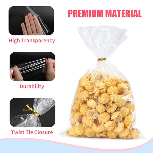 Bonison 100 Pcs Cellophane Treat Bags - 6x10 Inch Clear Cookie Flat Bags Plastic Candy Goodie Bag With Twist Ties, No Gusset for Cookies, Candy, Snacks, Party Favors - Image 3