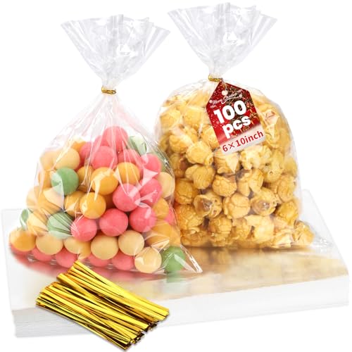 Bonison 100 Pcs Cellophane Treat Bags - 6x10 Inch Clear Cookie Flat Bags Plastic Candy Goodie Bag With Twist Ties, No Gusset for Cookies, Candy, Snacks, Party Favors - Image 1