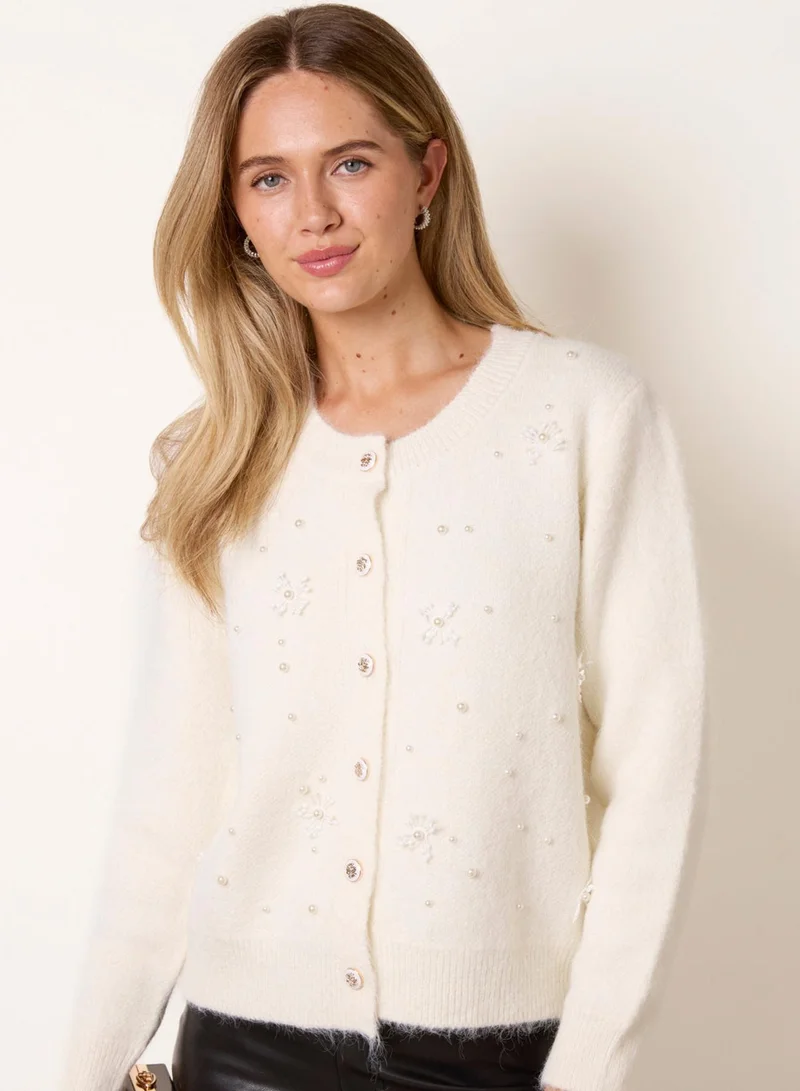 بلو فانيلا Pearl And Crochet Detailing Knit Cardigan