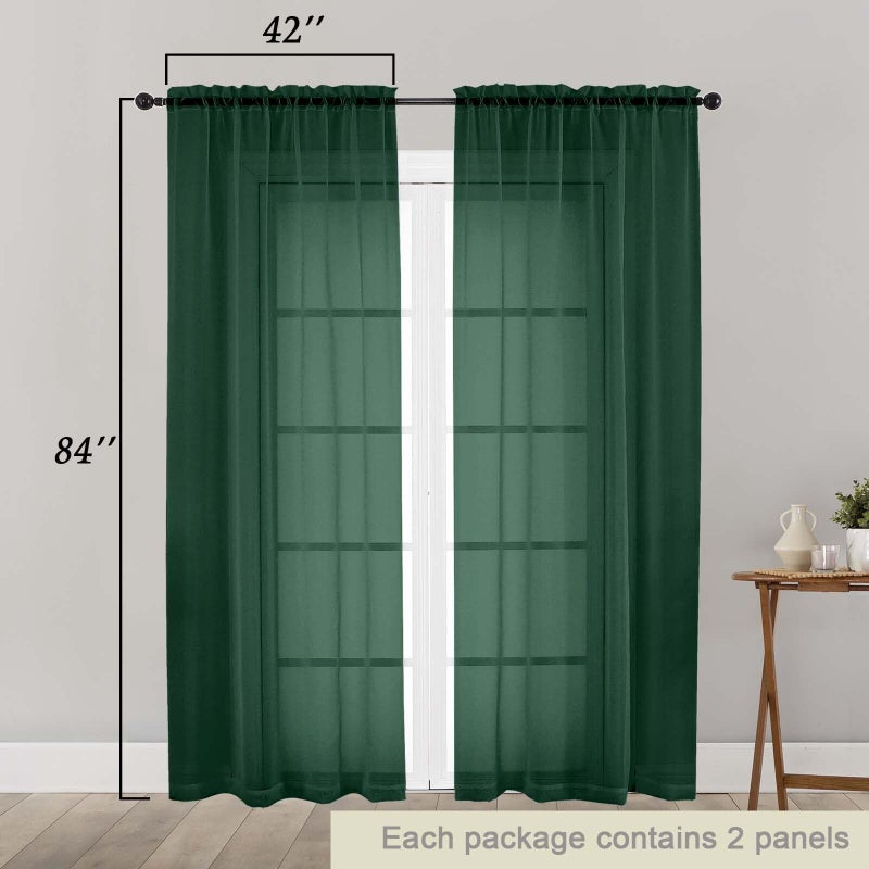 WelvetBLK Hunter Green Sheer Curtains 84 Inches Long 2 Panels, Soft Airy Light Filtering Curtains for Bedroom Living Room, Rod Pocket Privacy Drapes Window Treatments, Hunter Green, Total Wide 84 Inch - Image 2