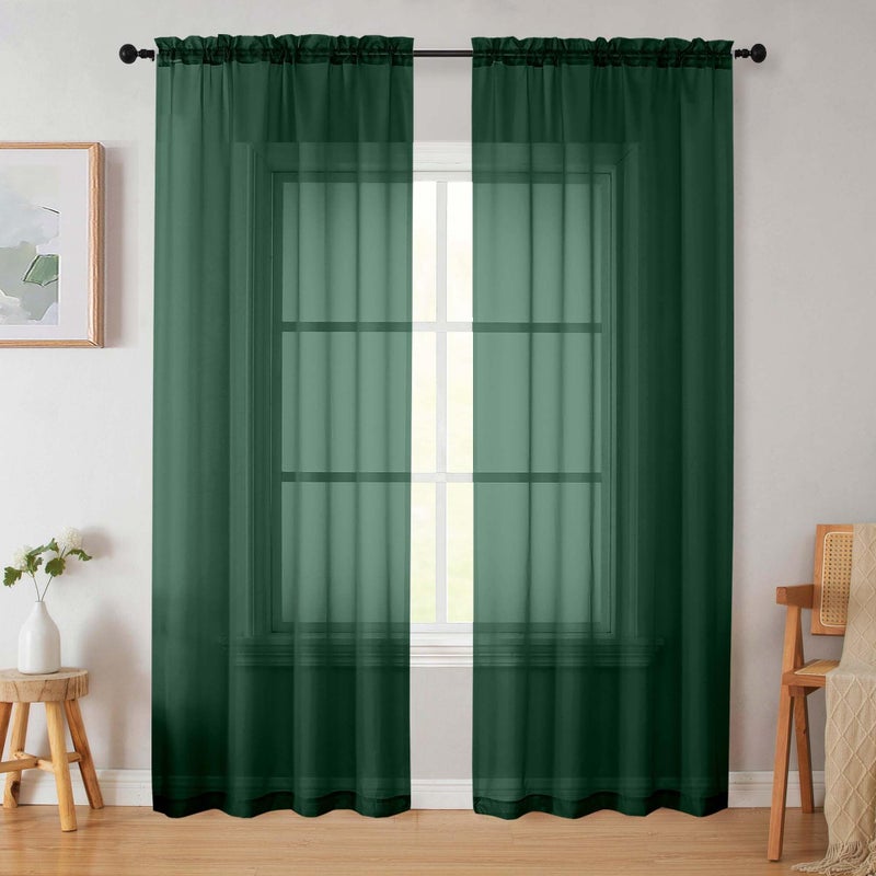 WelvetBLK Hunter Green Sheer Curtains 84 Inches Long 2 Panels, Soft Airy Light Filtering Curtains for Bedroom Living Room, Rod Pocket Privacy Drapes Window Treatments, Hunter Green, Total Wide 84 Inch - Image 1