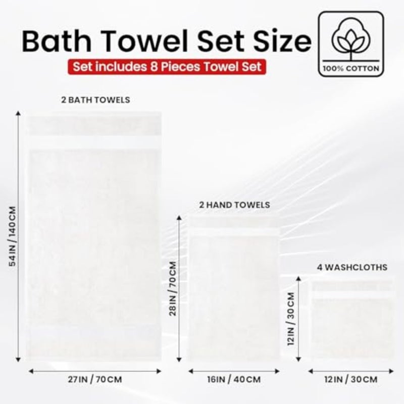 Premium Bath Towels Set - [Pack of 8] 100% Cotton Highly Absorbent 2 Bath Towels, 2 Hand Towels and 4 Washcloths - Hotel and Spa Quality Bath Towel for Bathroom White - Image 3