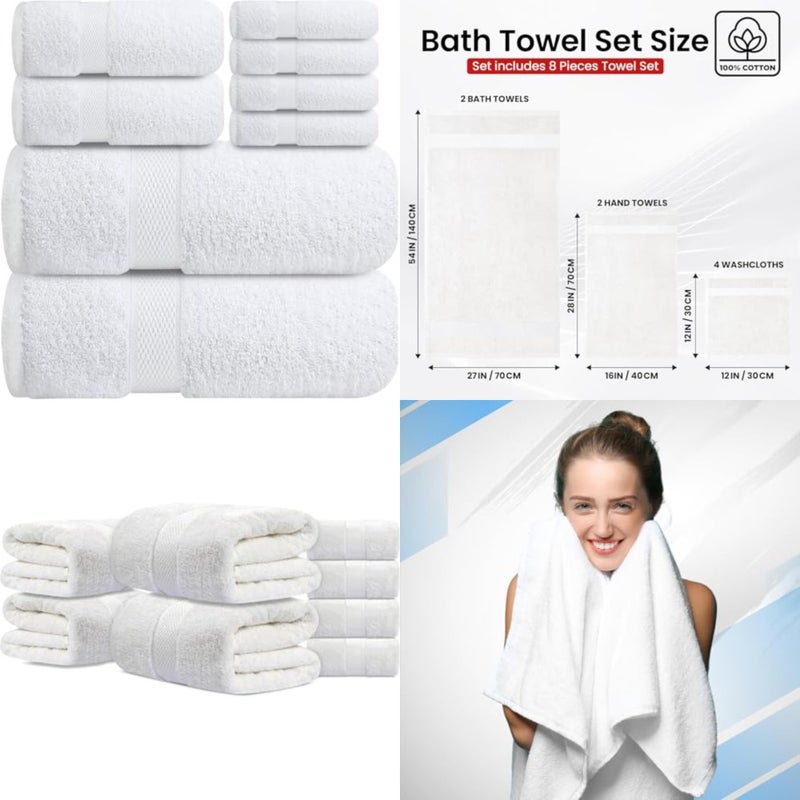 Premium Bath Towels Set - [Pack of 8] 100% Cotton Highly Absorbent 2 Bath Towels, 2 Hand Towels and 4 Washcloths - Hotel and Spa Quality Bath Towel for Bathroom White - Image 1