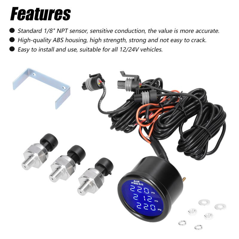Air Pressure Gauge 0-220PSI LED Triple Digital Display Air Suspension Gauge - 1/8" NPT Sensitive Sensor Air Pressure Display Meter for 12/24V Vehicles - Image 5