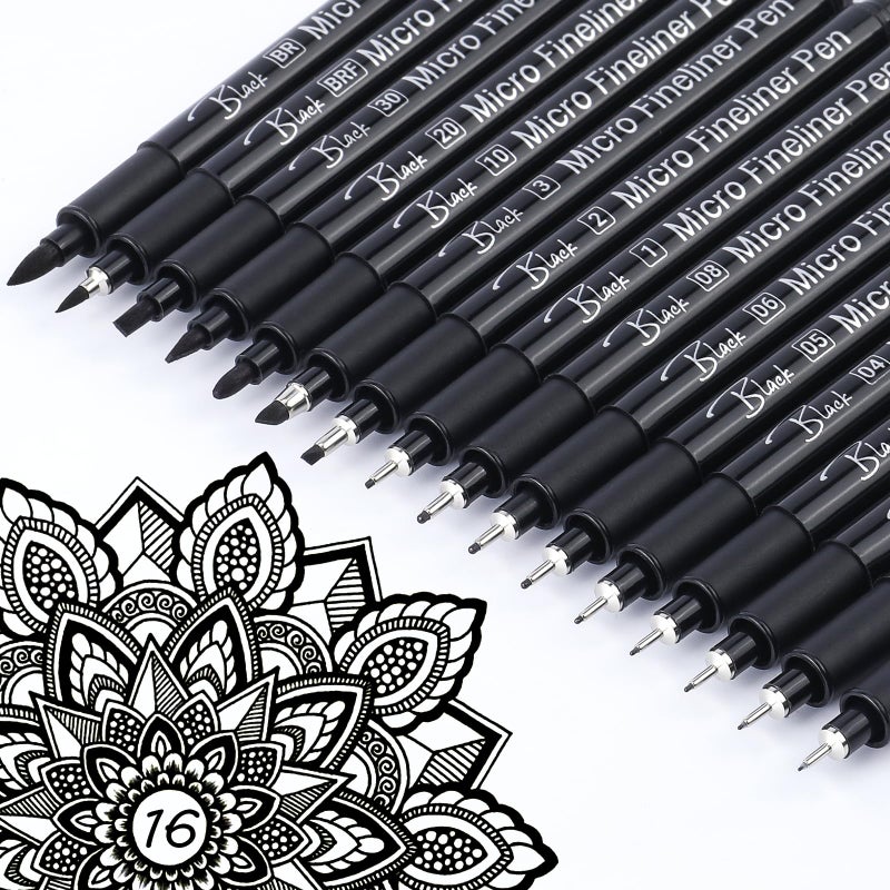 KERIFI Micro Fineliner Drawing Pens for Artists 16 Black Fine Liner Markers Waterproof Archival Ink Multiliner Pens Technical Mandala Zentangle Book Accessories Art Supplies Stuff Gifts for Adults - Image 2