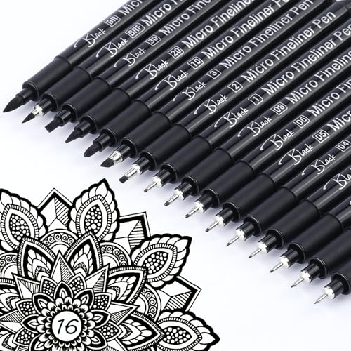 KERIFI Micro Fineliner Drawing Pens for Artists 16 Black Fine Liner Markers Waterproof Archival Ink Multiliner Pens Technical Mandala Zentangle Book Accessories Art Supplies Stuff Gifts for Adults - Image 1