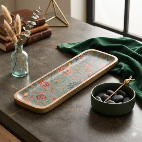 SAAGA Canary Enamelled Mango Wood Serving Platter - 11.5 x 5 Inch Rectangular Handcrafted Tray | Stylish Wooden Serveware for Kitchen & Dining - Image 1