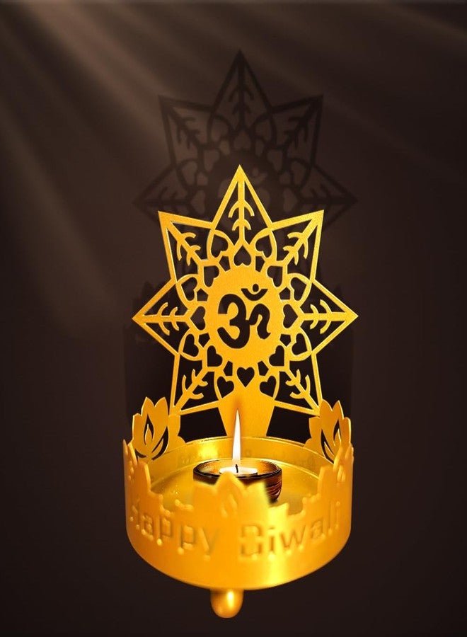 Hying تمثال شموع ديوالي، مصابيح لوتس أوم، حامل شموع تقليدي لعيد ديوالي، حامل شموع شاي، مهرجان الأنوار، مصباح ظل ديوالي لتزيين المنزل، هدايا لتدفئة المنزل - Image 1